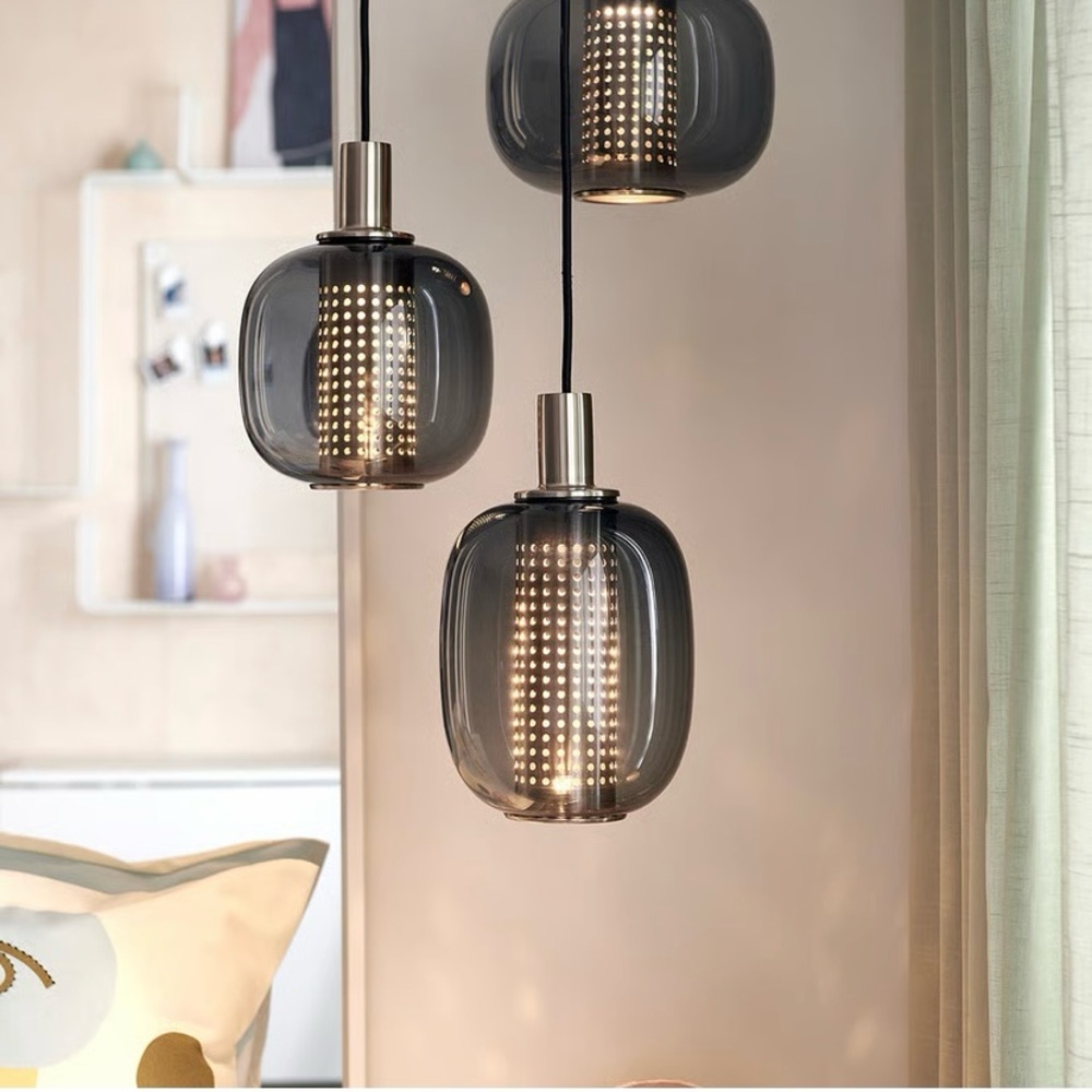 BNIB IKEA HÖGVIND Pendant lamp w/ 3 lamps, nickel/gray glass, 16" (3 Available) - Picture 6 of 10